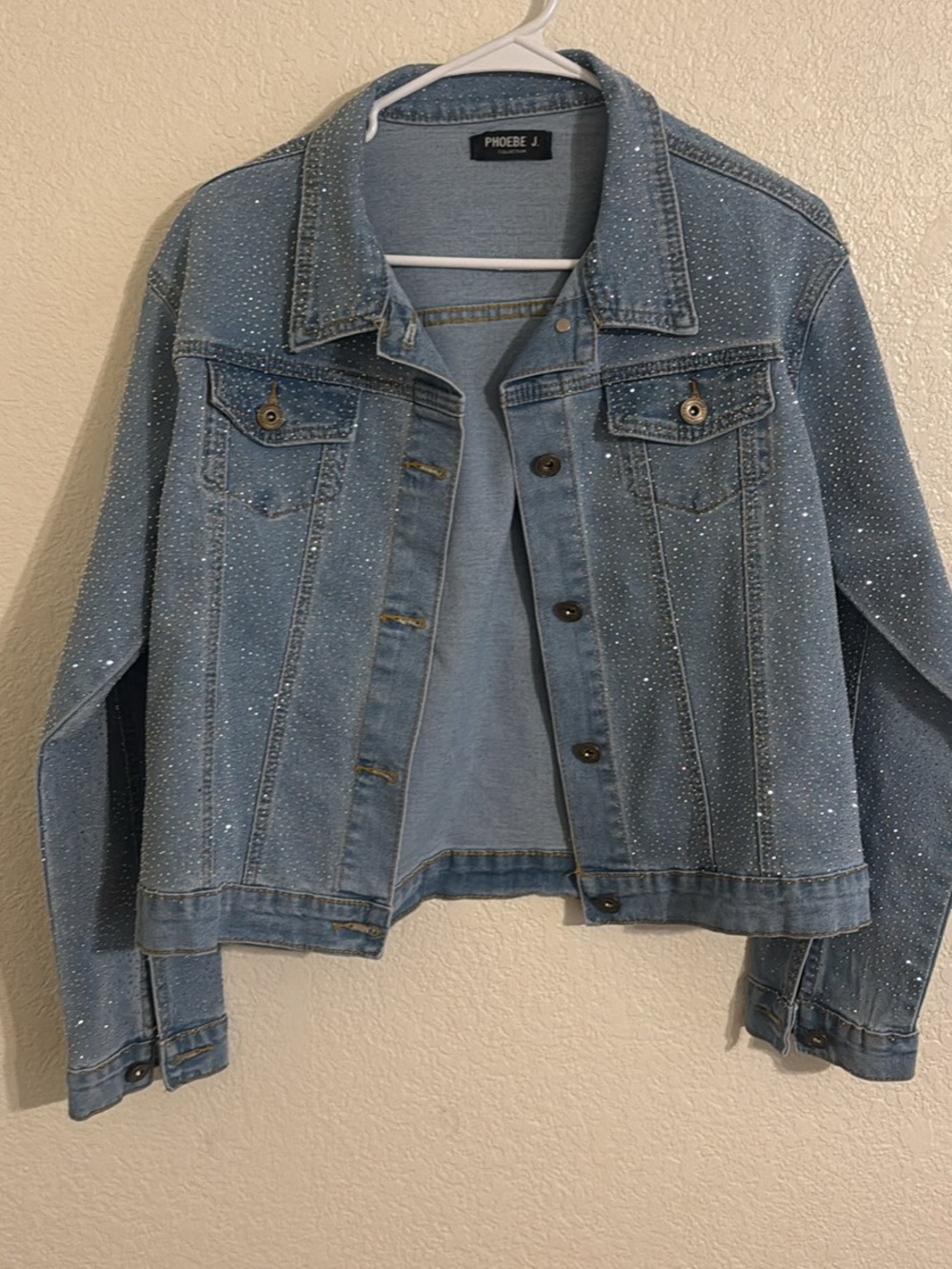 Blue Denim Jacket with Rhinestones front and back by Phoebe J Collection